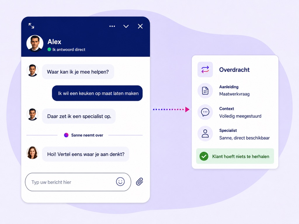 Conversation de chat où l'IA fait appel à un spécialiste, avec une carte de transfert montrant le motif, le contexte complet et le spécialiste disponible.