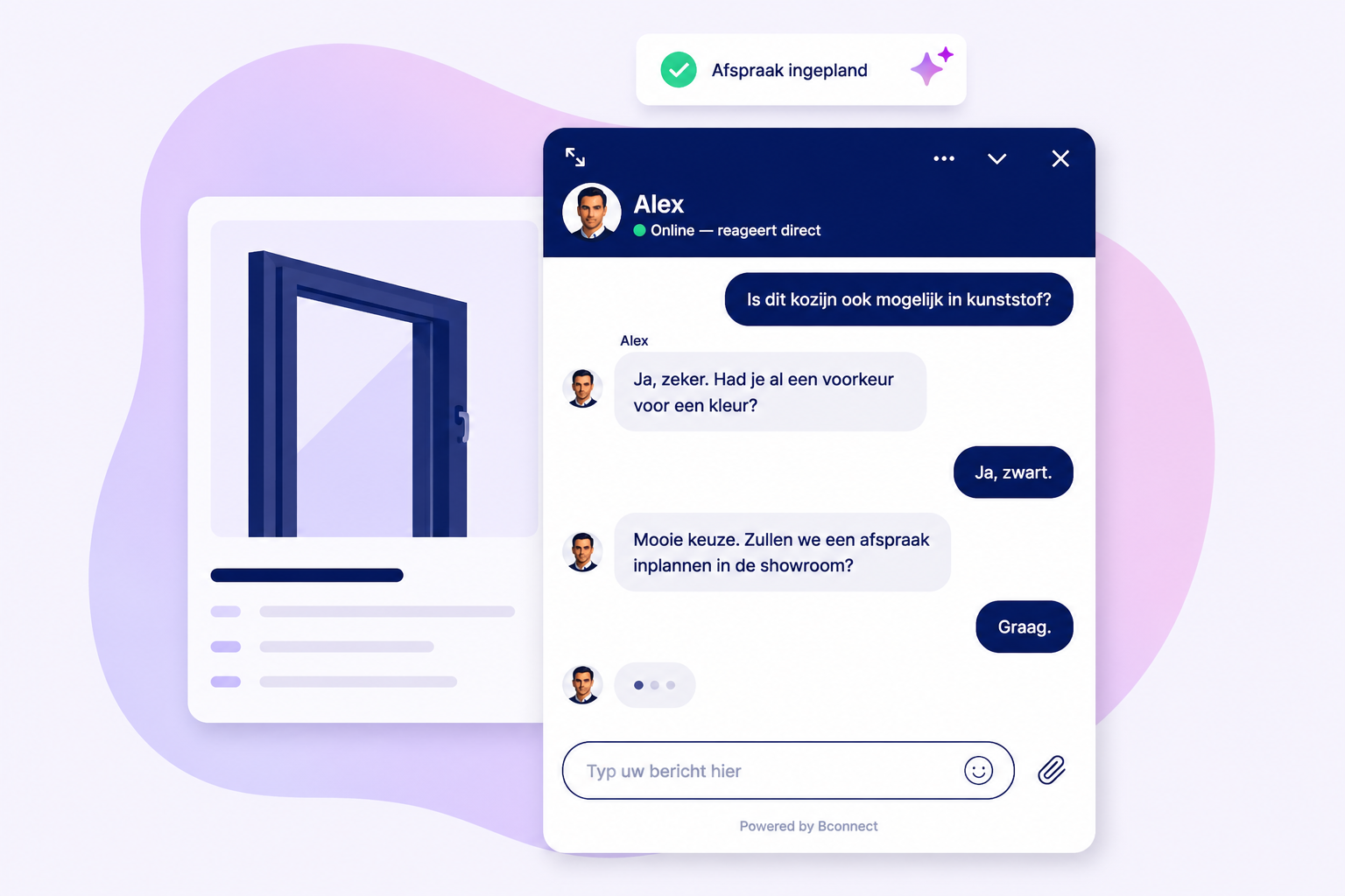 Une question produit dans une conversation de chat qui débouche sur un rendez-vous au showroom