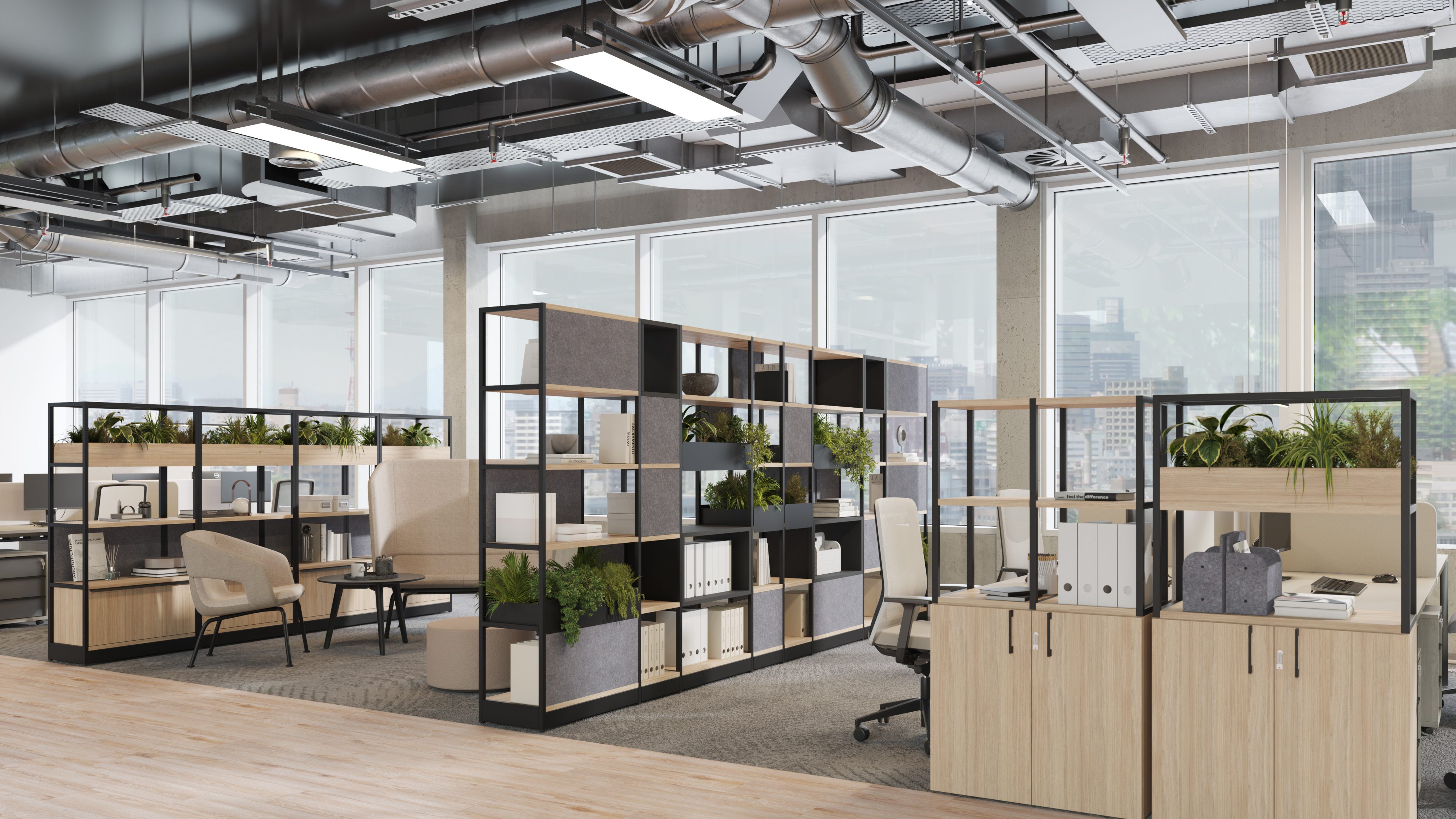Espace de bureau aménagé avec du mobilier en bois, des jardinières et des cloisons acoustiques