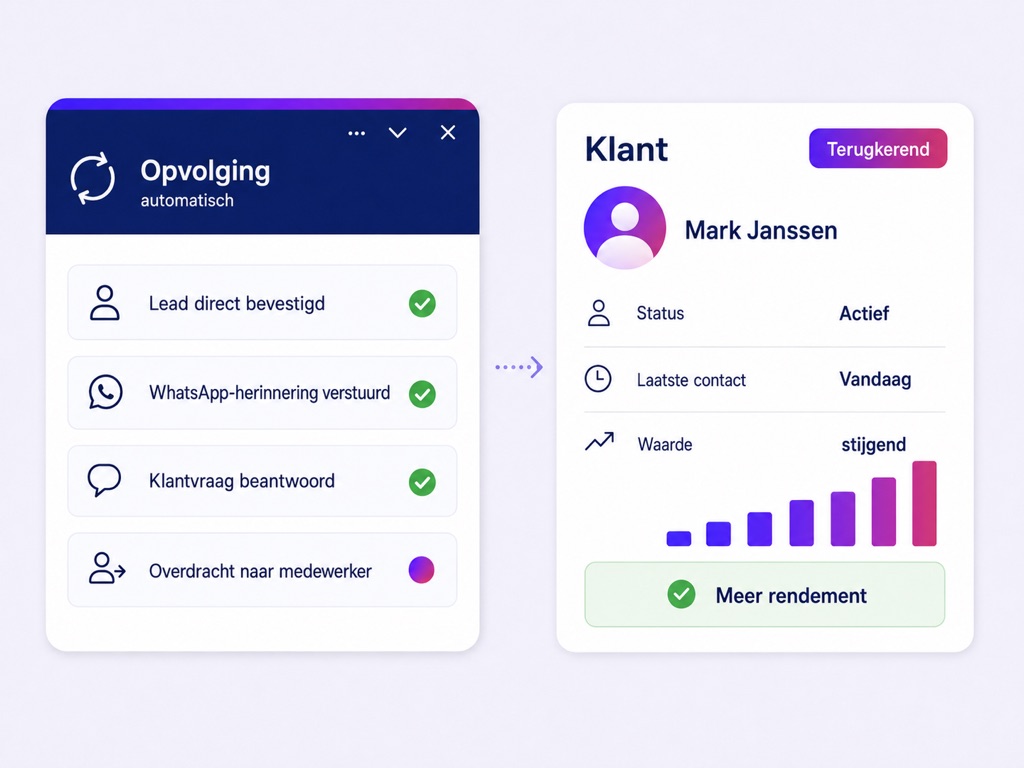 Suivi automatique : lead confirmé, rappel envoyé, question client traitée et transmission à un collaborateur.