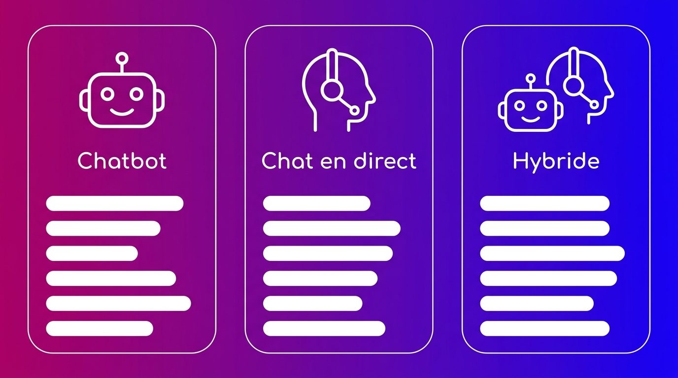 Comparaison entre chatbot, chat en direct et chat hybride sur six critères