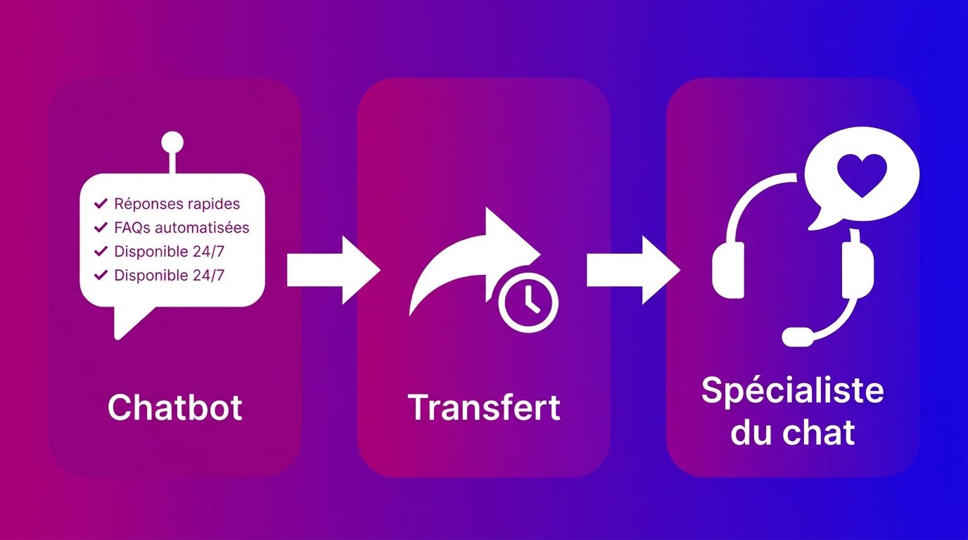 Schéma des questions traitées par le chatbot, du moment où un humain prend le relais et du rôle du spécialiste du chat