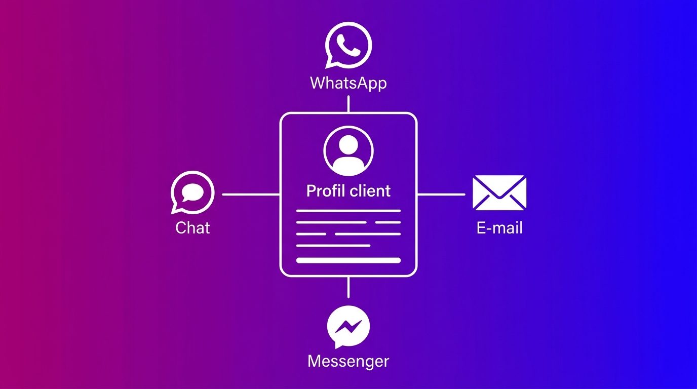 Plateforme centrale où le chat, WhatsApp, l'e-mail et Messenger sont rattachés au même client