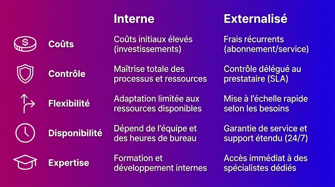 Comparatif entre un chat interne et un chat externalisé : coûts, contrôle, flexibilité, disponibilité et expertise