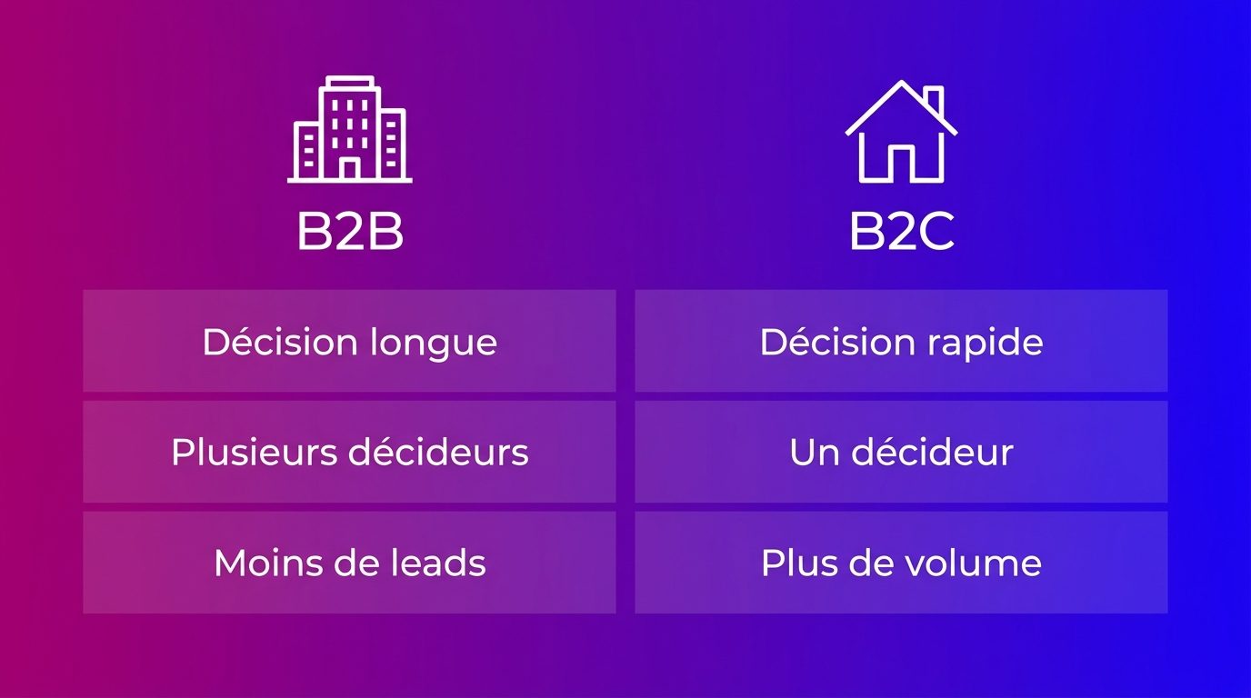 Génération de leads B2B et B2C comparées : durée de décision, décideurs et volume