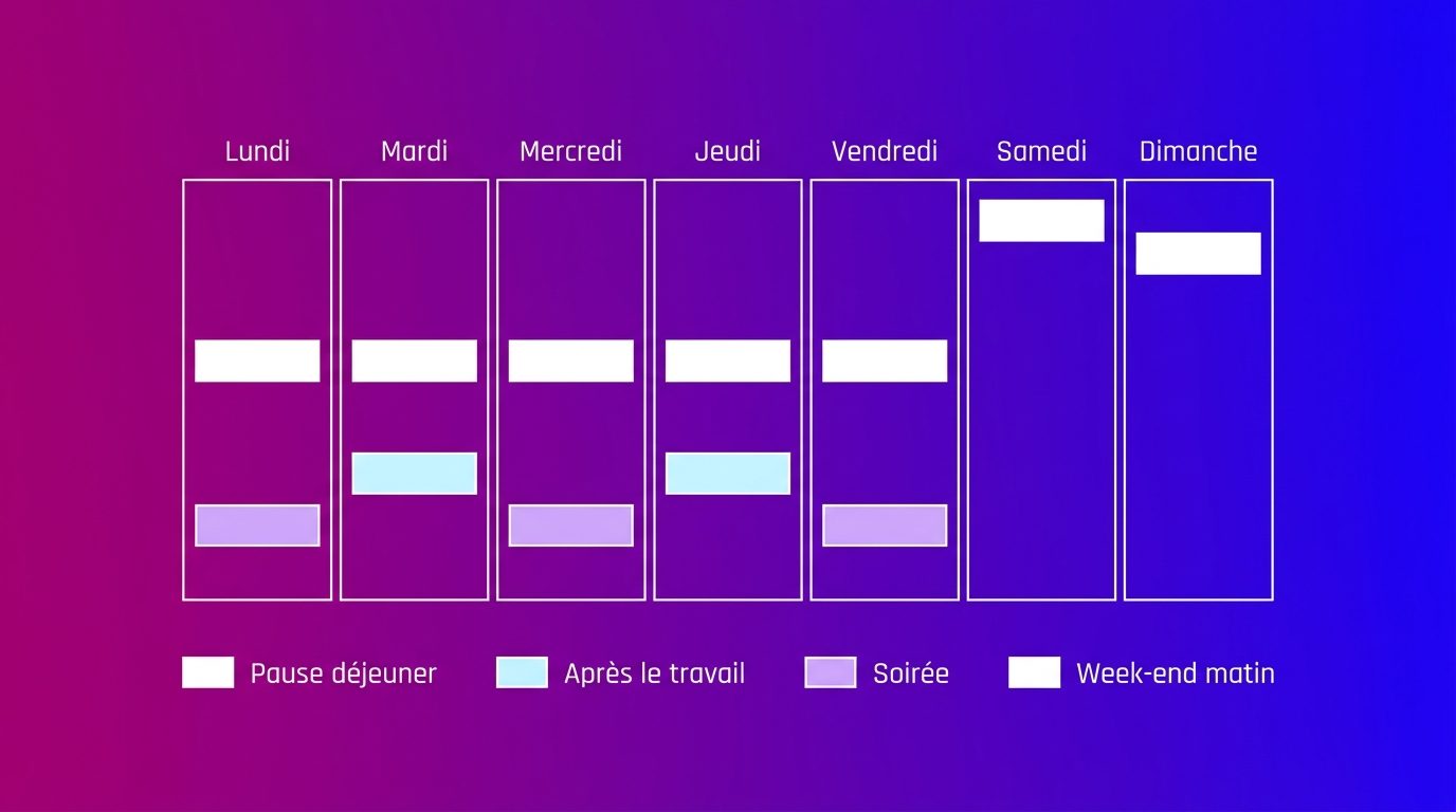 Le rythme des conversations de chat dans la semaine : pauses, après le travail, soirée et week-end matin