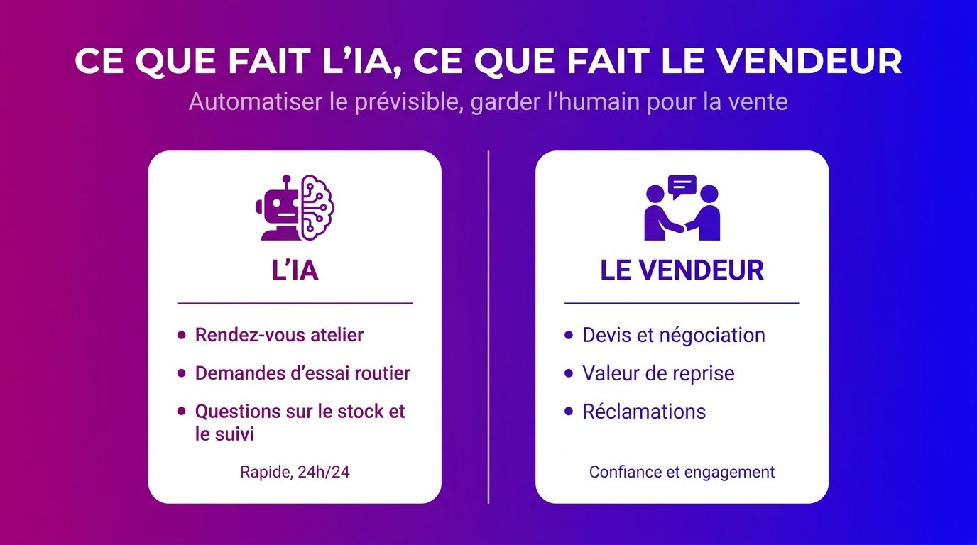 Comparaison des tâches confiées à l'IA et de celles gardées par le vendeur en concession automobile