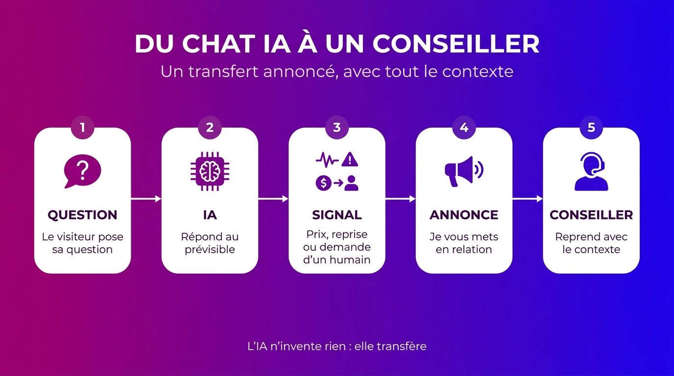 Étapes du transfert de l'IA vers un conseiller en concession automobile, annoncé et avec tout le contexte