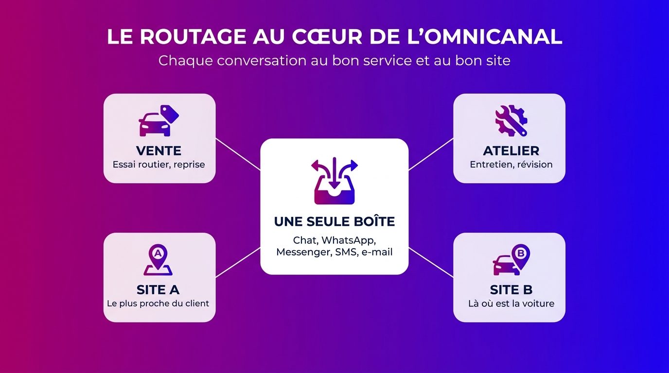 Routage omnicanal en concession automobile : les canaux arrivent dans une seule boîte puis au bon service et au bon site