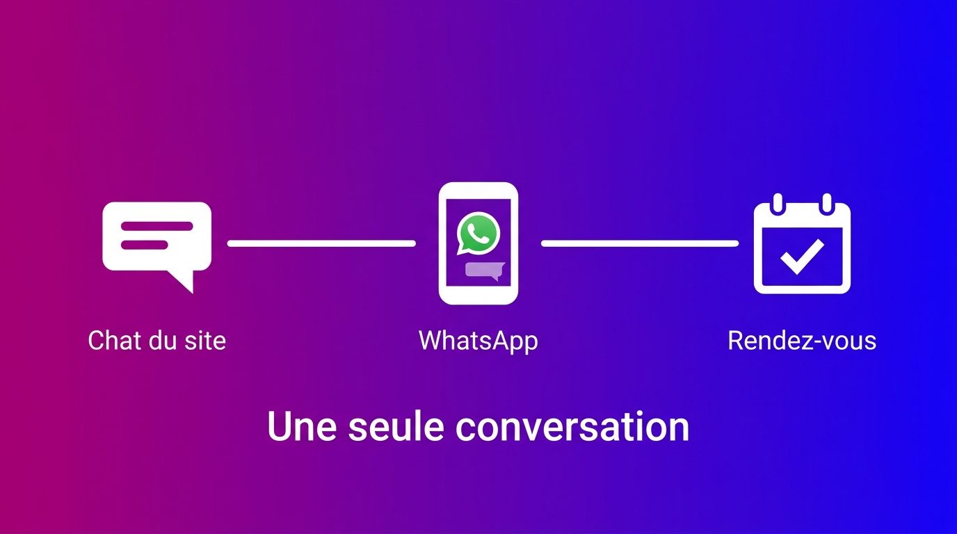 Question client qui passe du chat à WhatsApp dans une vue unique jusqu'au rendez-vous