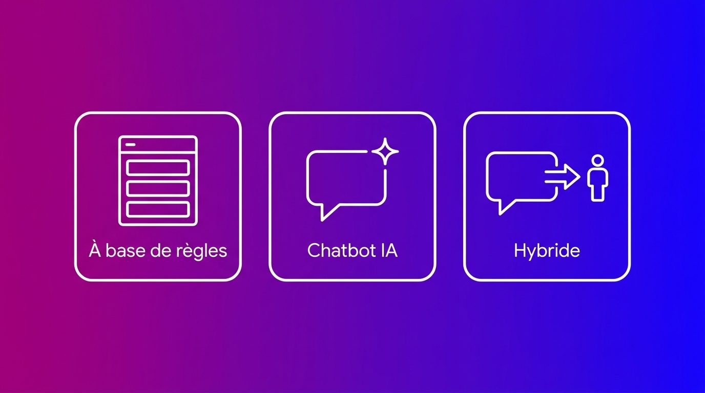 Les trois types de chatbots : à base de règles, chatbot IA et chatbot hybride avec transfert vers un collaborateur