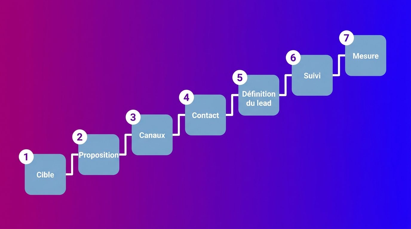 La stratégie de lead generation en 7 étapes : cible, proposition, canaux, contact, définition du lead, suivi et mesure